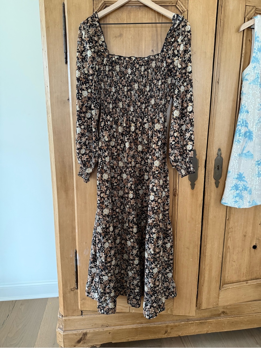 Smocked Floral Long Sleeve Midi Dress in Brown Floral
